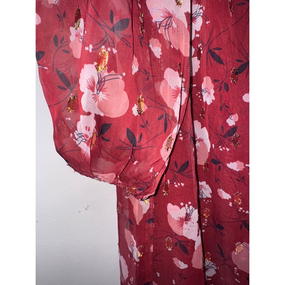 Floral Midi Dress Long Sleeve V Neck Ruffle Hem Burgundy‎ M - Picture 8 of 11